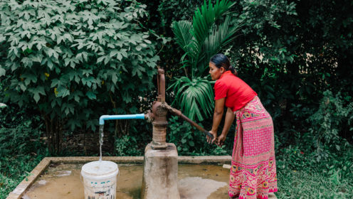 Woman wearing sari pumps water against tropical background